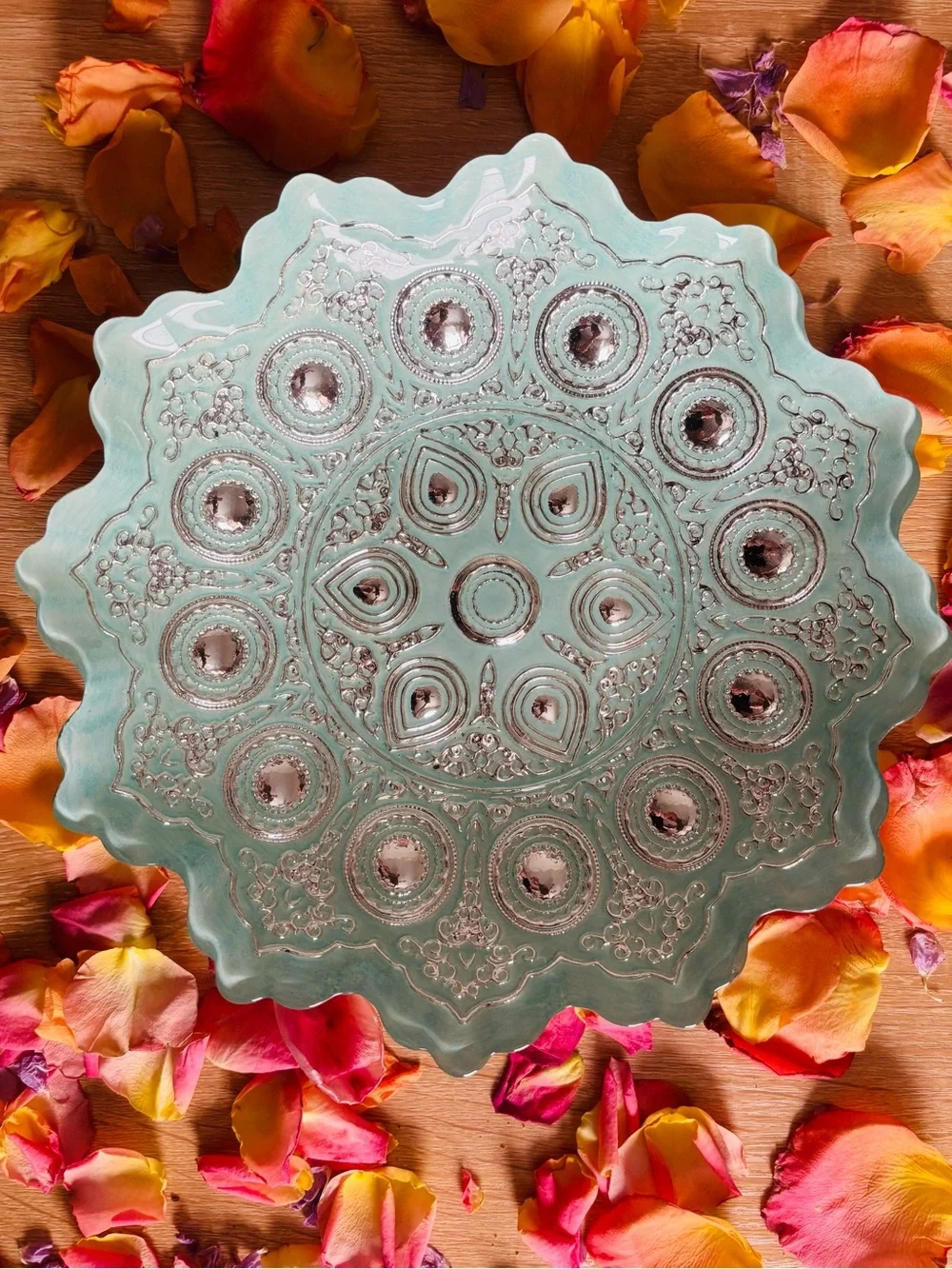 Mandala Style Glass celebration Bowl Boho ocean blue seafoam & Gold